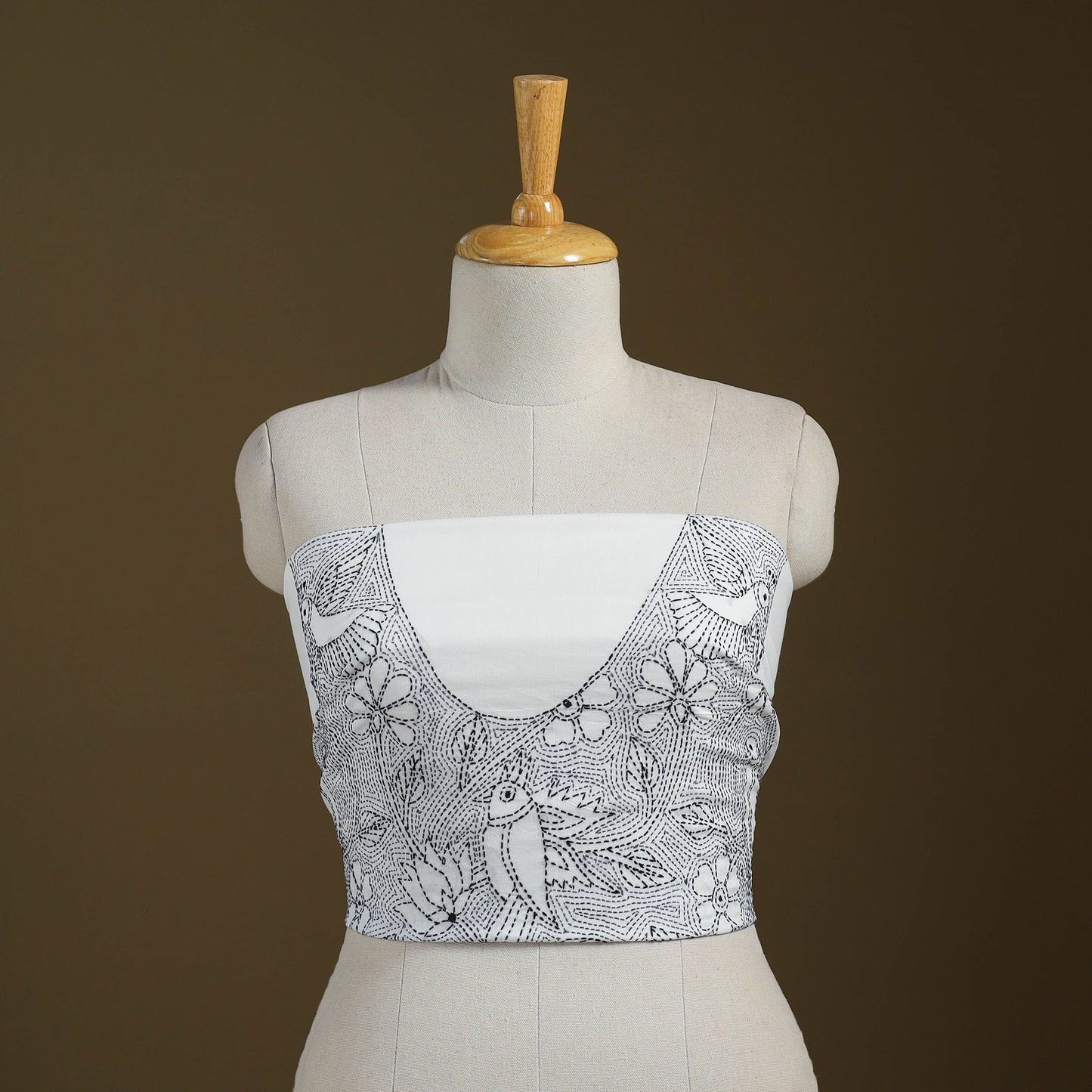 White Cotton Bengal Kantha Stitch Blouse Piece 