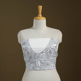 White Cotton Bengal Kantha Stitch Blouse Piece 