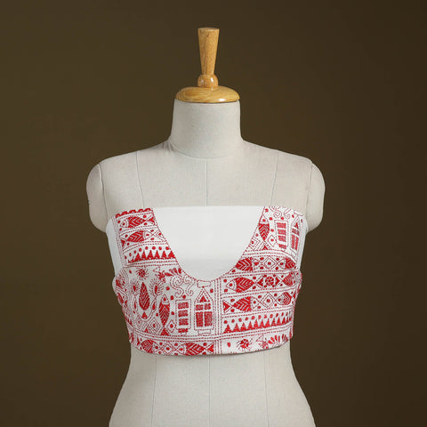 White Cotton Bengal Kantha Stitch Blouse Piece 
