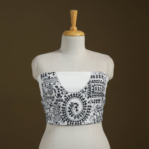 White Cotton Bengal Kantha Stitch Blouse Piece 