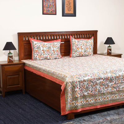 White - cotton double sanganeri bed sheet set (108 x 90 in)