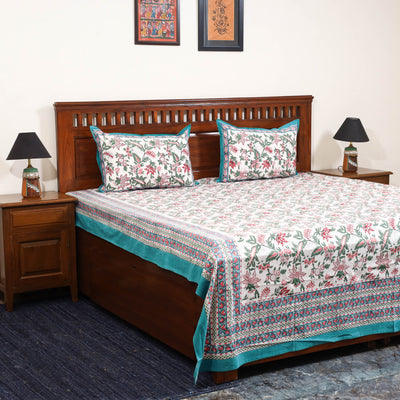 White - cotton double sanganeri bed sheet set (108 x 90 in)