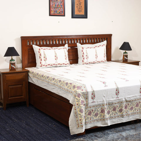 White - cotton double sanganeri bed sheet set (108 x 90 in)