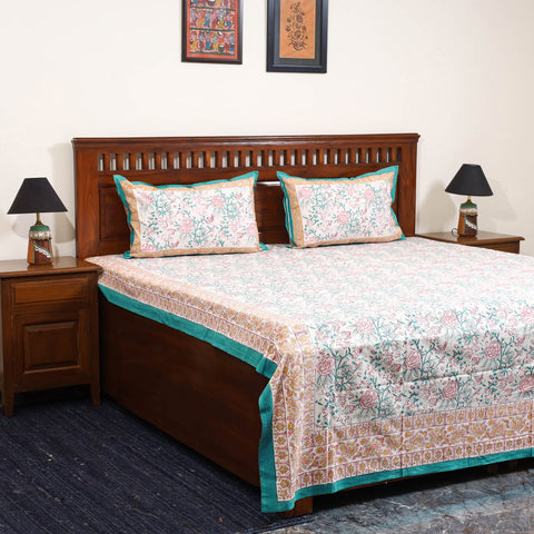 White - cotton double sanganeri bed sheet set (108 x 90 in)