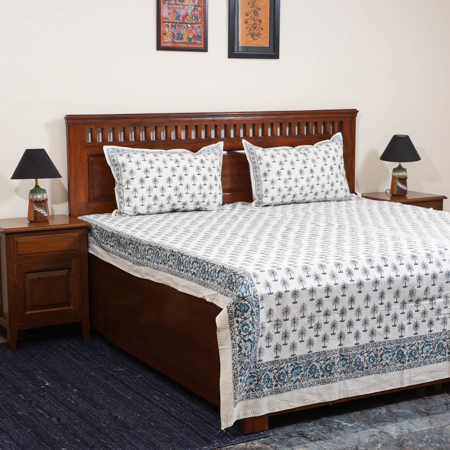 White - cotton double sanganeri bed sheet set (108 x 90 in)