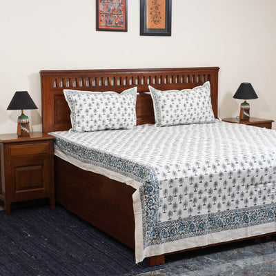 White - cotton double sanganeri bed sheet set (108 x 90 in)