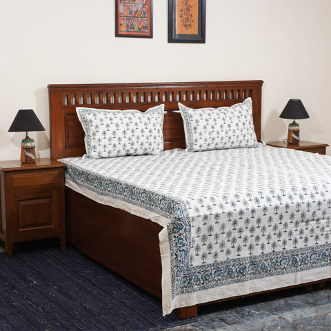 White - cotton double sanganeri bed sheet set (108 x 90 in)