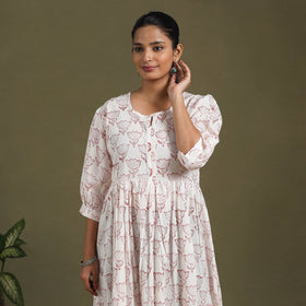 White Block Print Cotton Flared Sanganeri Dress