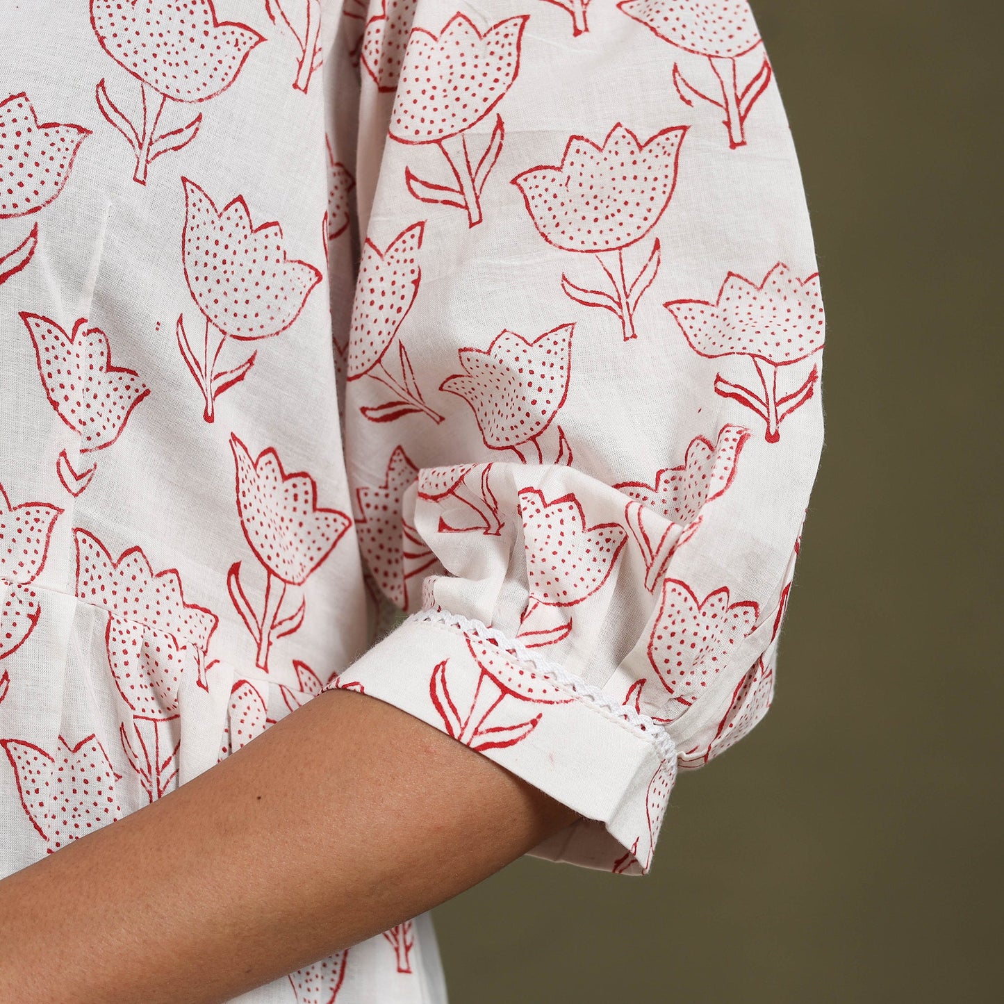 White Block Print Cotton Flared Sanganeri Dress