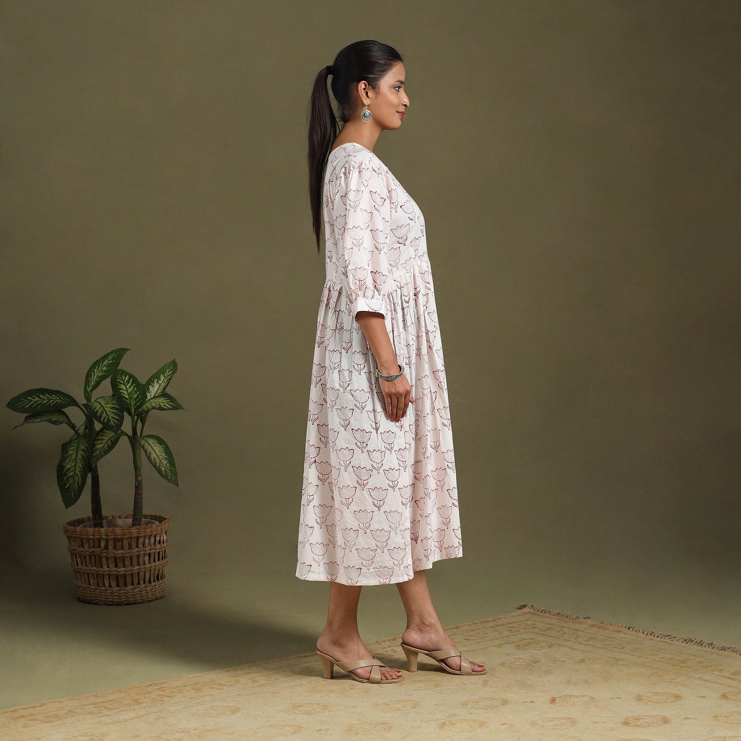 White Block Print Cotton Flared Sanganeri Dress