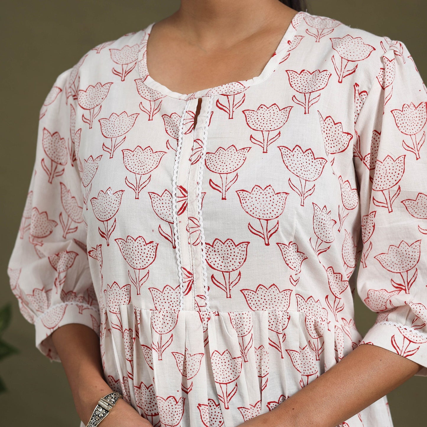 White Block Print Cotton Flared Sanganeri Dress