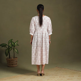 White Block Print Cotton Flared Sanganeri Dress