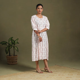 White Block Print Cotton Flared Sanganeri Dress