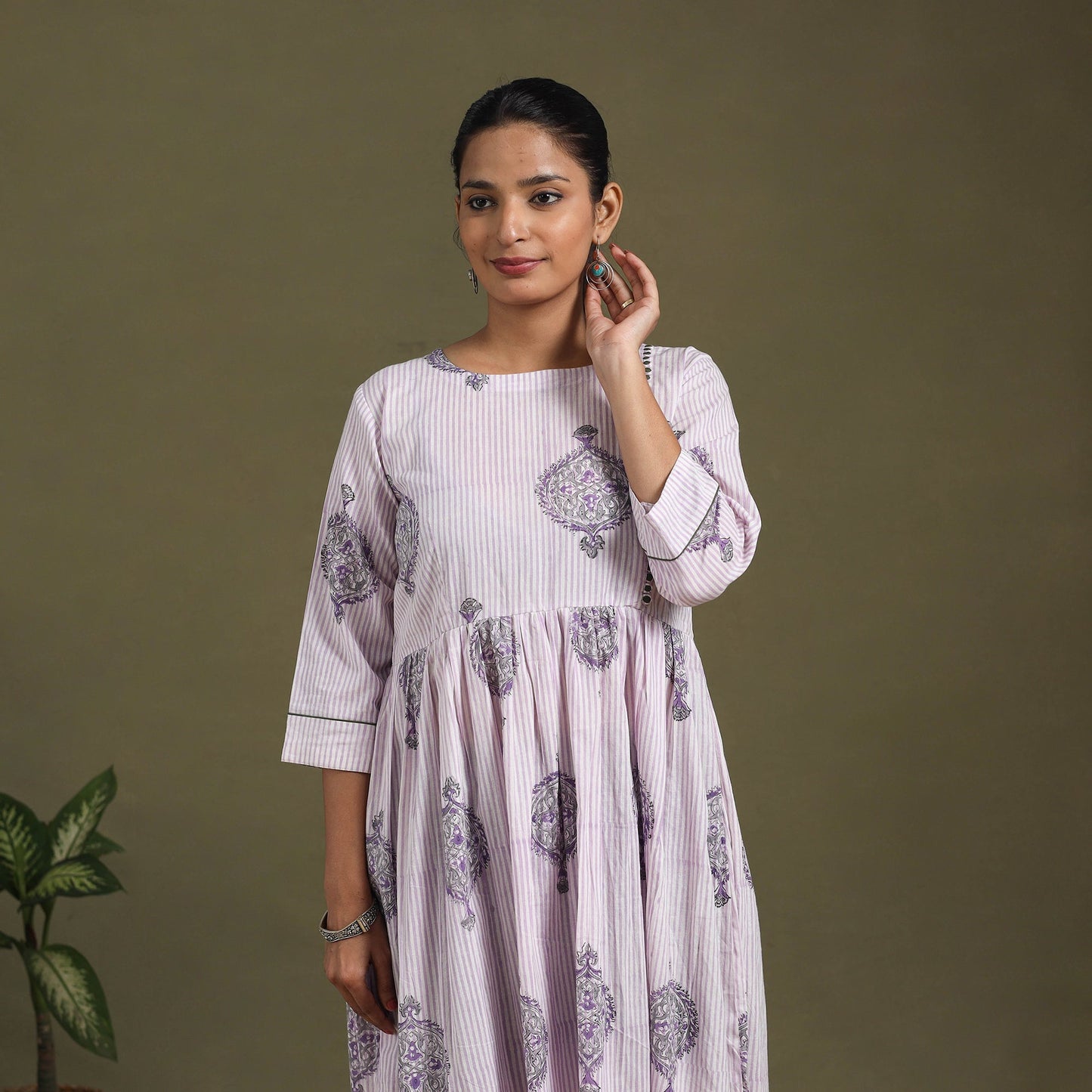 White Block Print Cotton Flared Sanganeri Dress