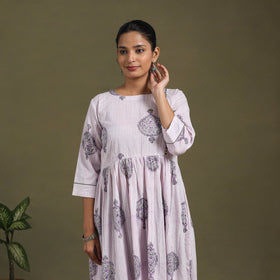 White Block Print Cotton Flared Sanganeri Dress