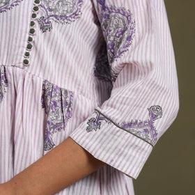 White Block Print Cotton Flared Sanganeri Dress