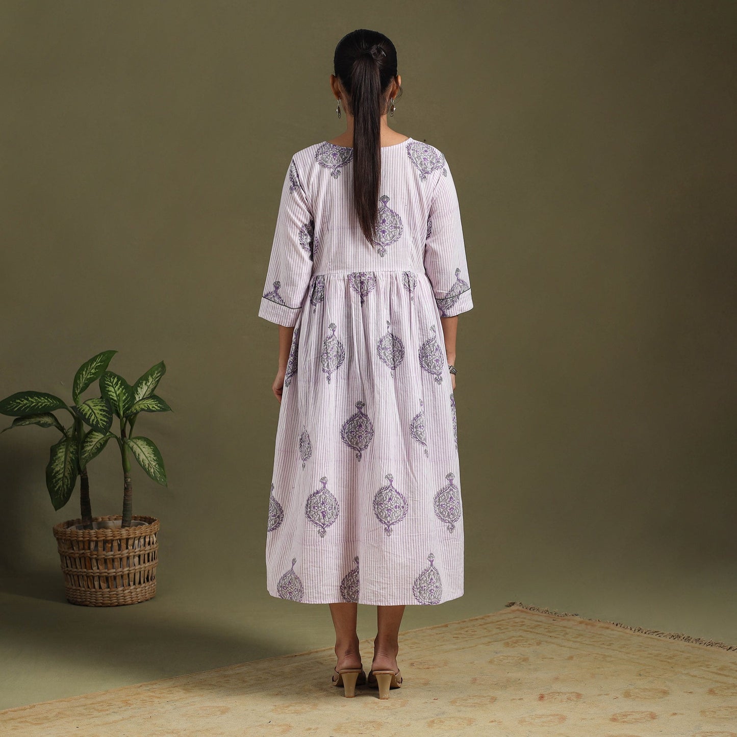 White Block Print Cotton Flared Sanganeri Dress