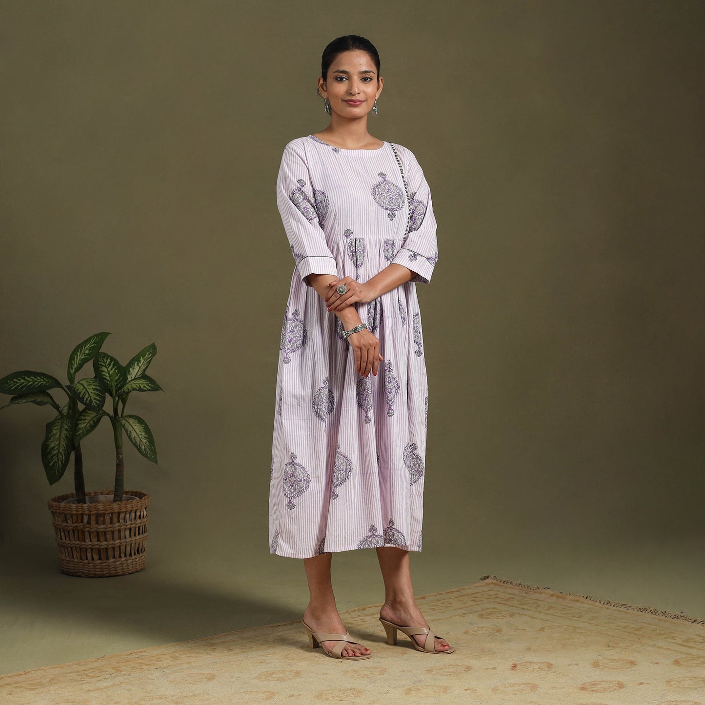 White Block Print Cotton Flared Sanganeri Dress