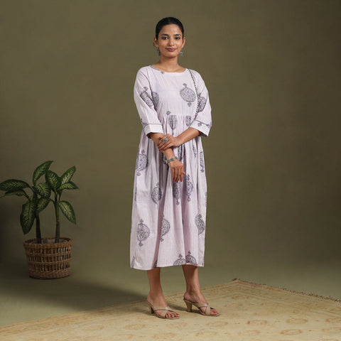 White Block Print Cotton Flared Sanganeri Dress