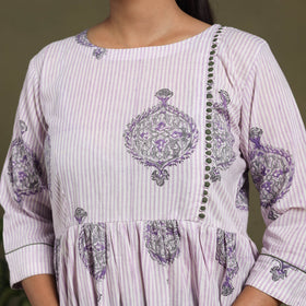 White Block Print Cotton Flared Sanganeri Dress