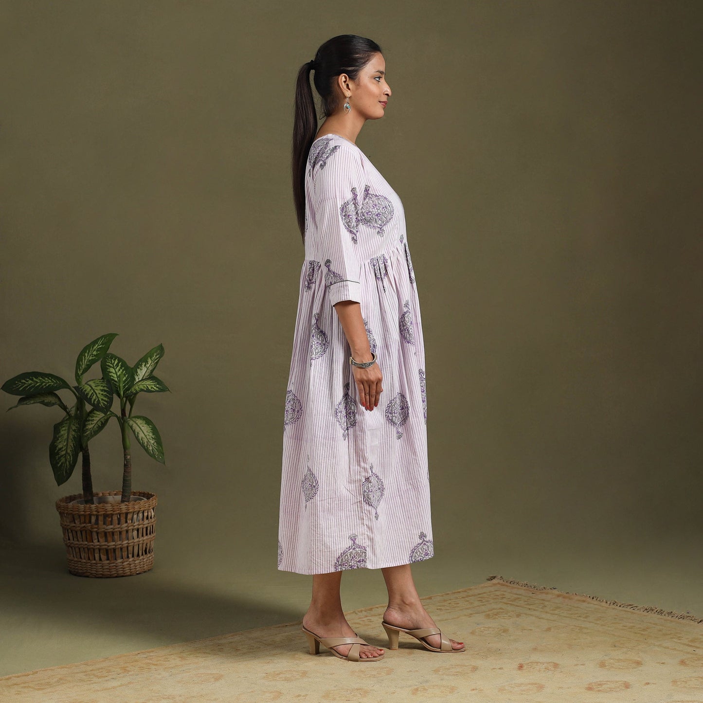 White Block Print Cotton Flared Sanganeri Dress