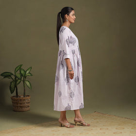 White Block Print Cotton Flared Sanganeri Dress