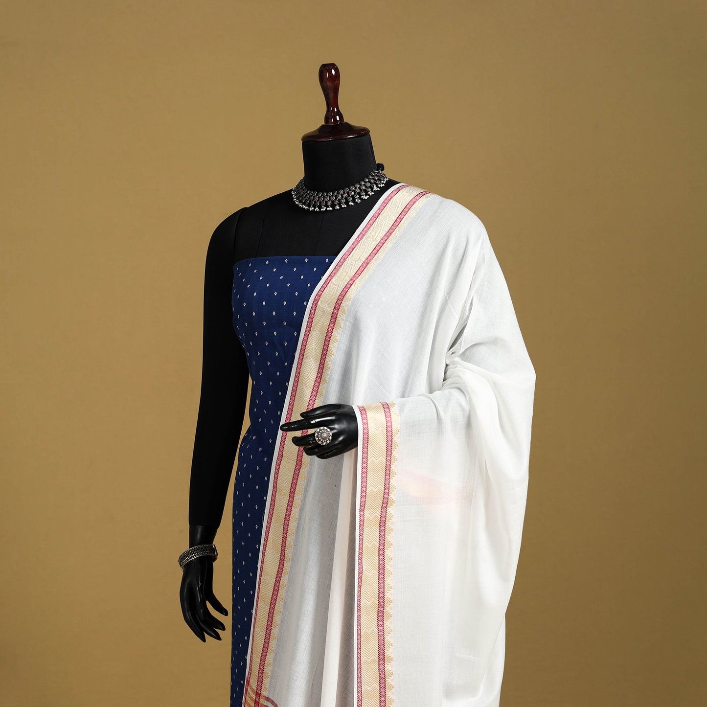 White - cotton jacquard dupatta with thread border 22