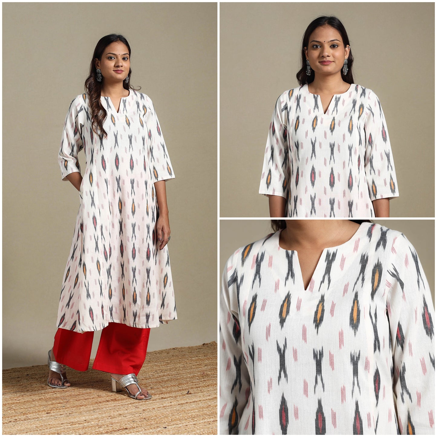 White - cotton a-line pochampally ikat kurta 04