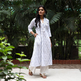 White Cotton A-Line Pochampally Ikat Kurta for women