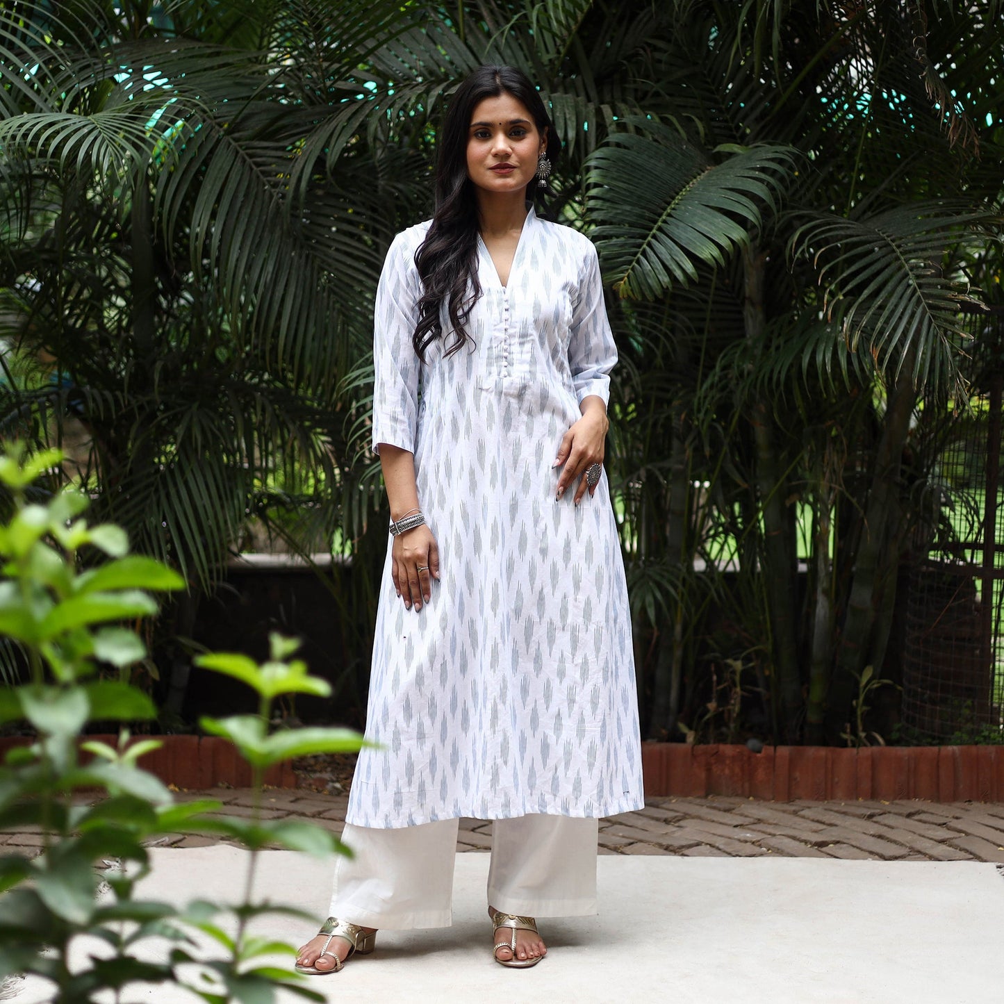White Cotton A-Line Pochampally Ikat Kurta for women