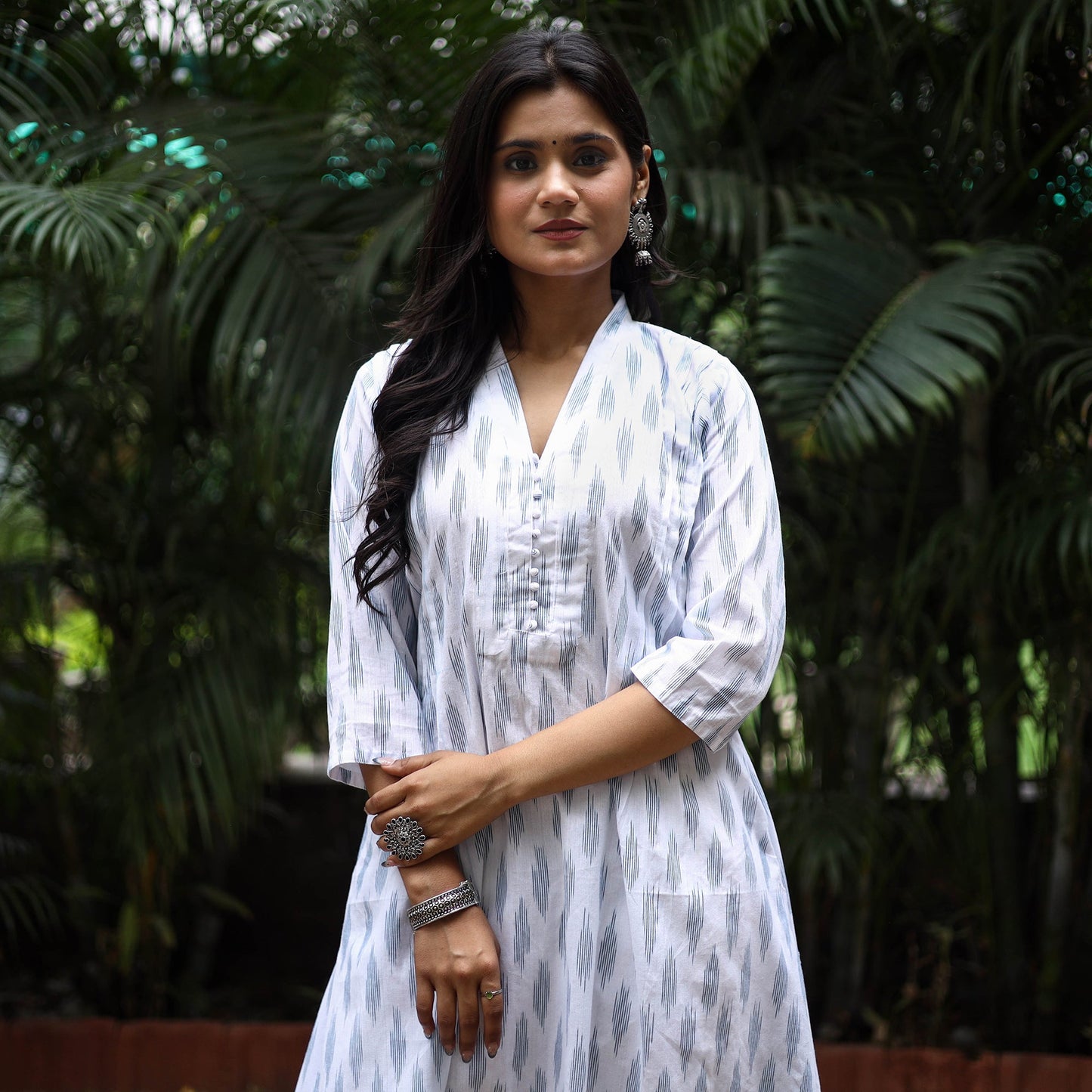 White Cotton A-Line Pochampally Ikat Kurta for women