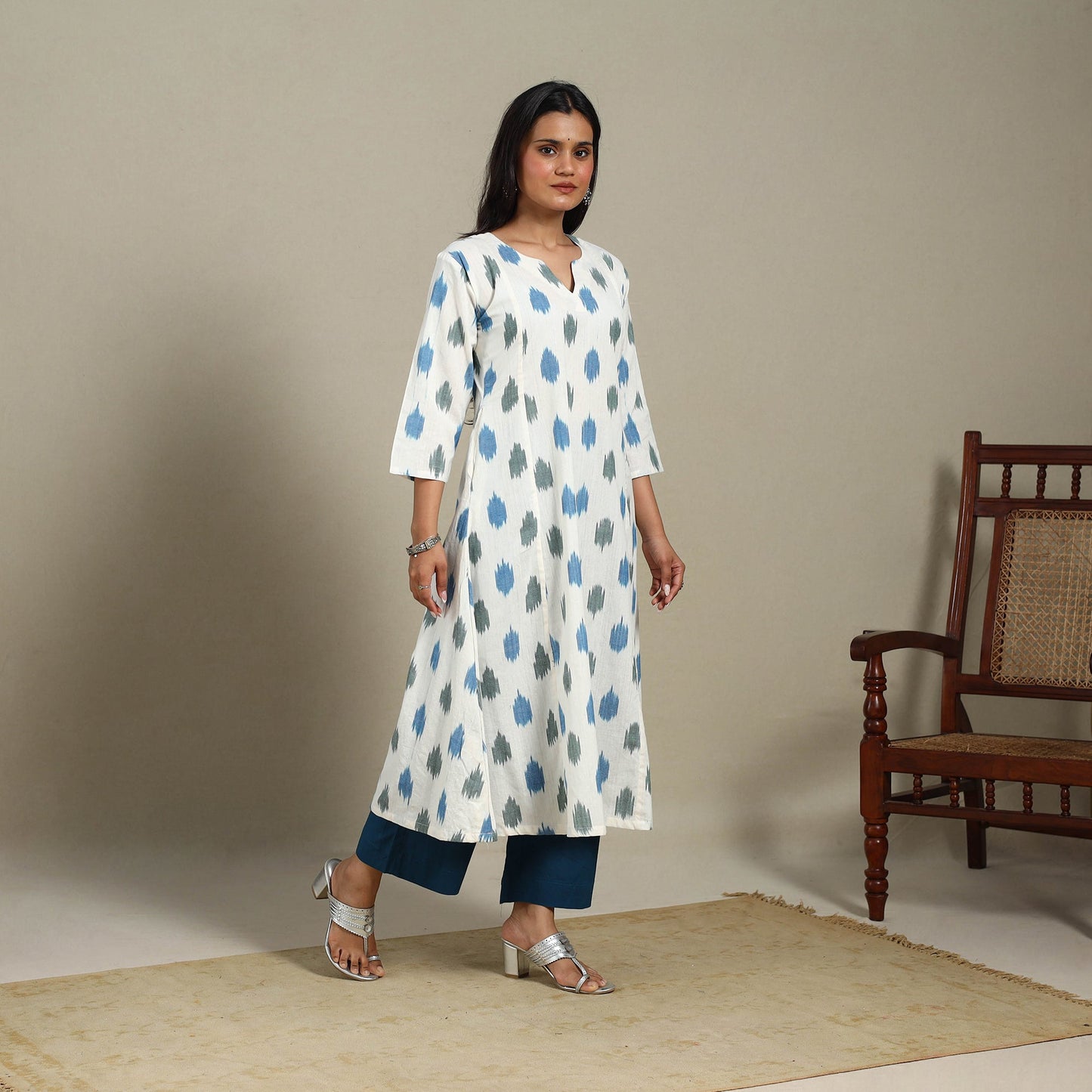 White - cotton a-line pochampally ikat kurta 12