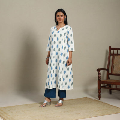 White - cotton a-line pochampally ikat kurta 12