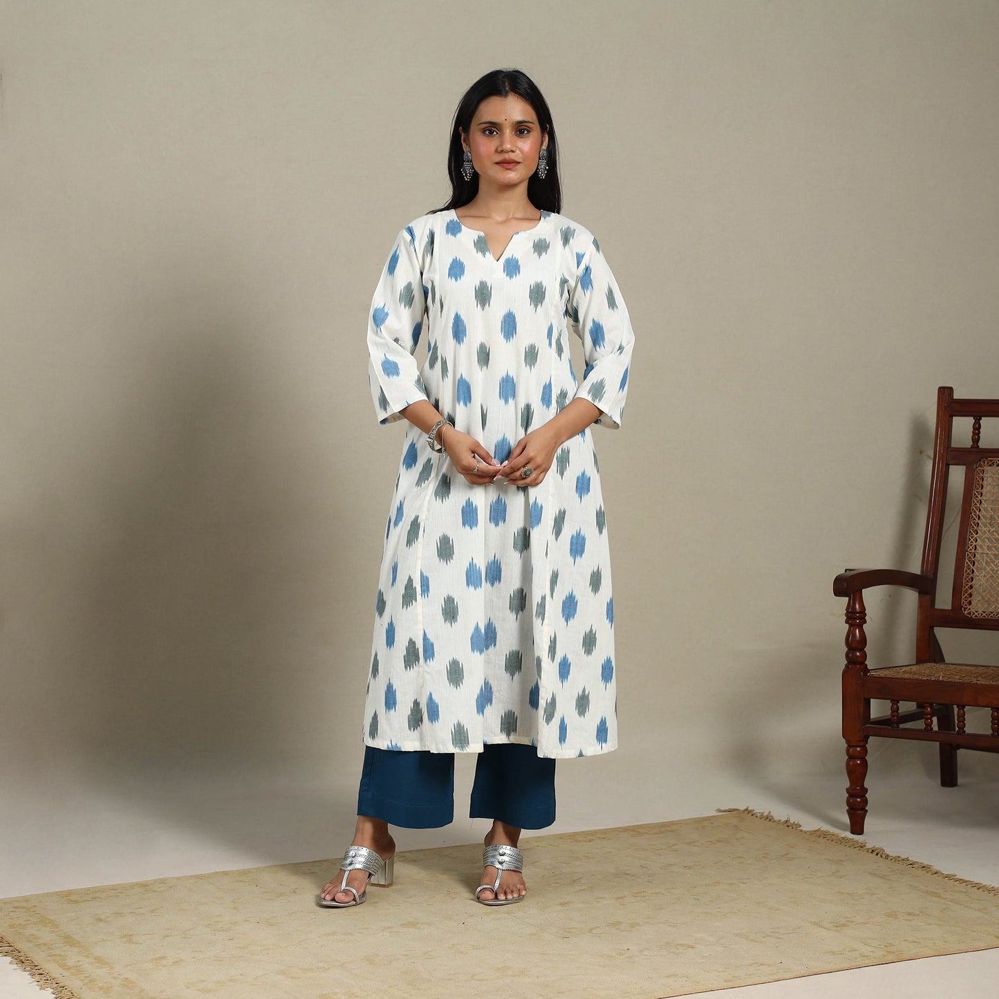 White - cotton a-line pochampally ikat kurta 12
