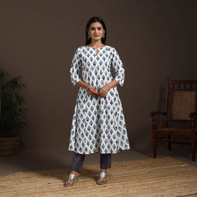 White - cotton a-line sanganeri kurta 03 - handcrafted