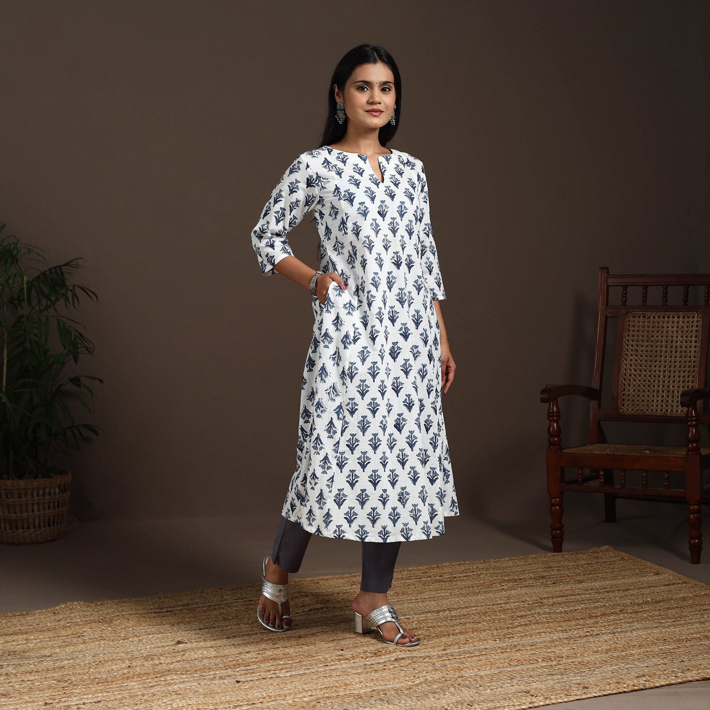 White - cotton a-line sanganeri kurta 03 - handcrafted