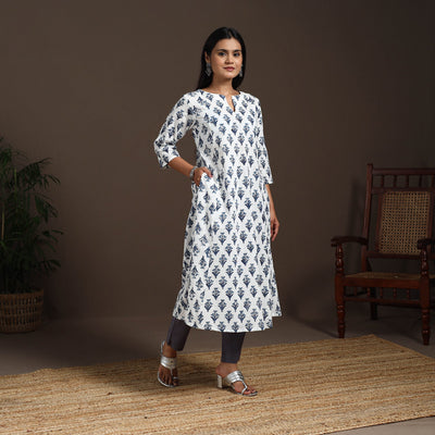 White - cotton a-line sanganeri kurta 03 - handcrafted