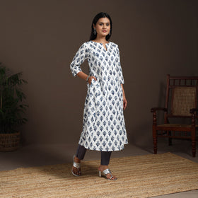 White - cotton a-line sanganeri kurta 03 - handcrafted