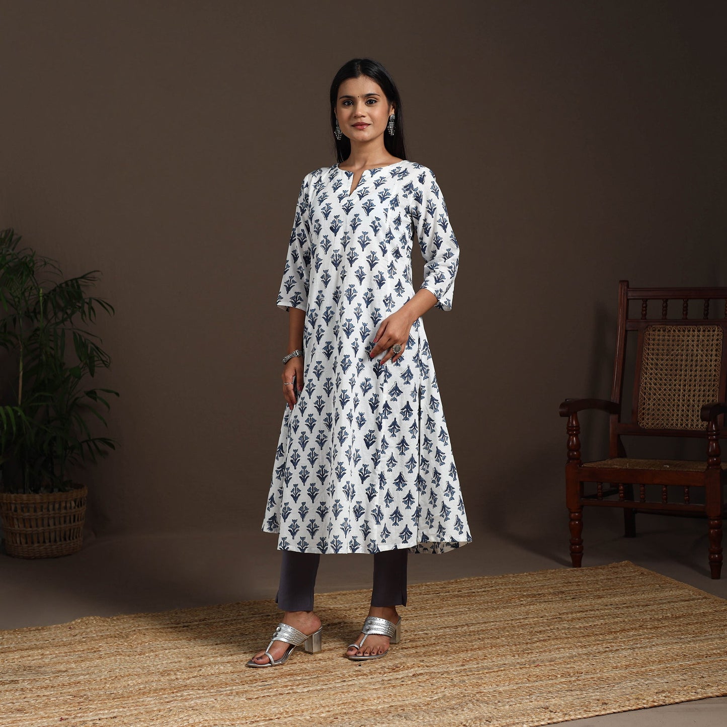 White - cotton a-line sanganeri kurta 03 - handcrafted