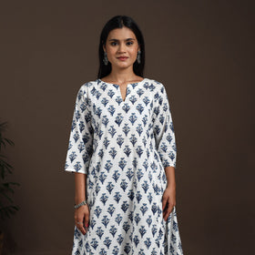 White - cotton a-line sanganeri kurta 03 - handcrafted