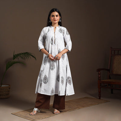 White - cotton a-line sanganeri kurta 07 - handcrafted