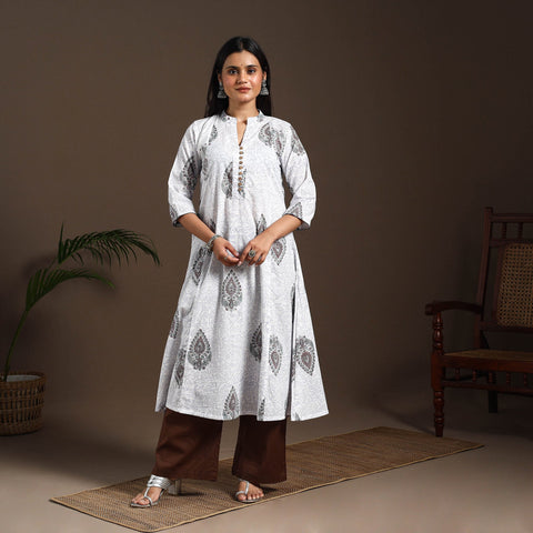 White - cotton a-line sanganeri kurta 07 - handcrafted