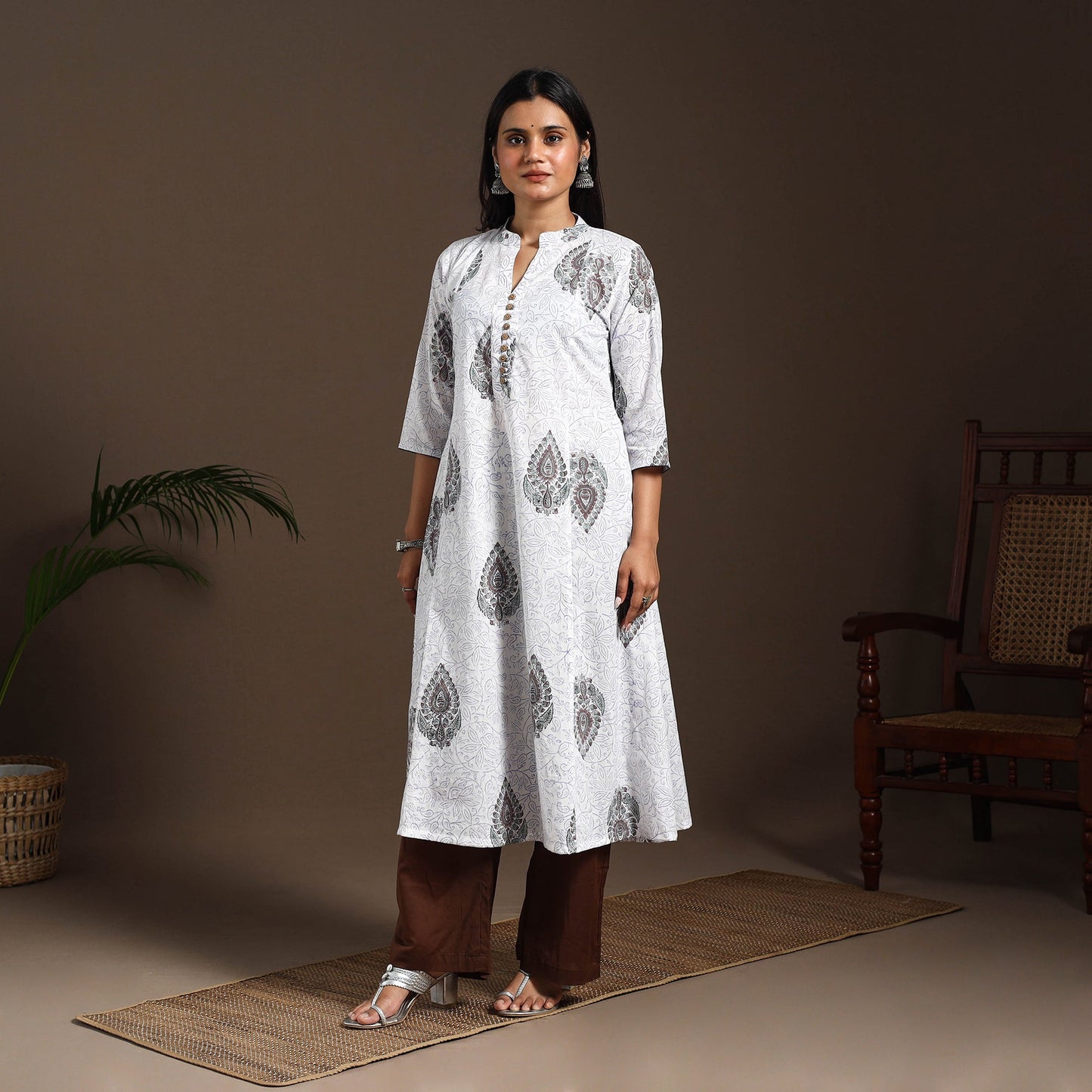White - cotton a-line sanganeri kurta 07 - handcrafted