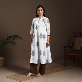 White - cotton a-line sanganeri kurta 07 - handcrafted