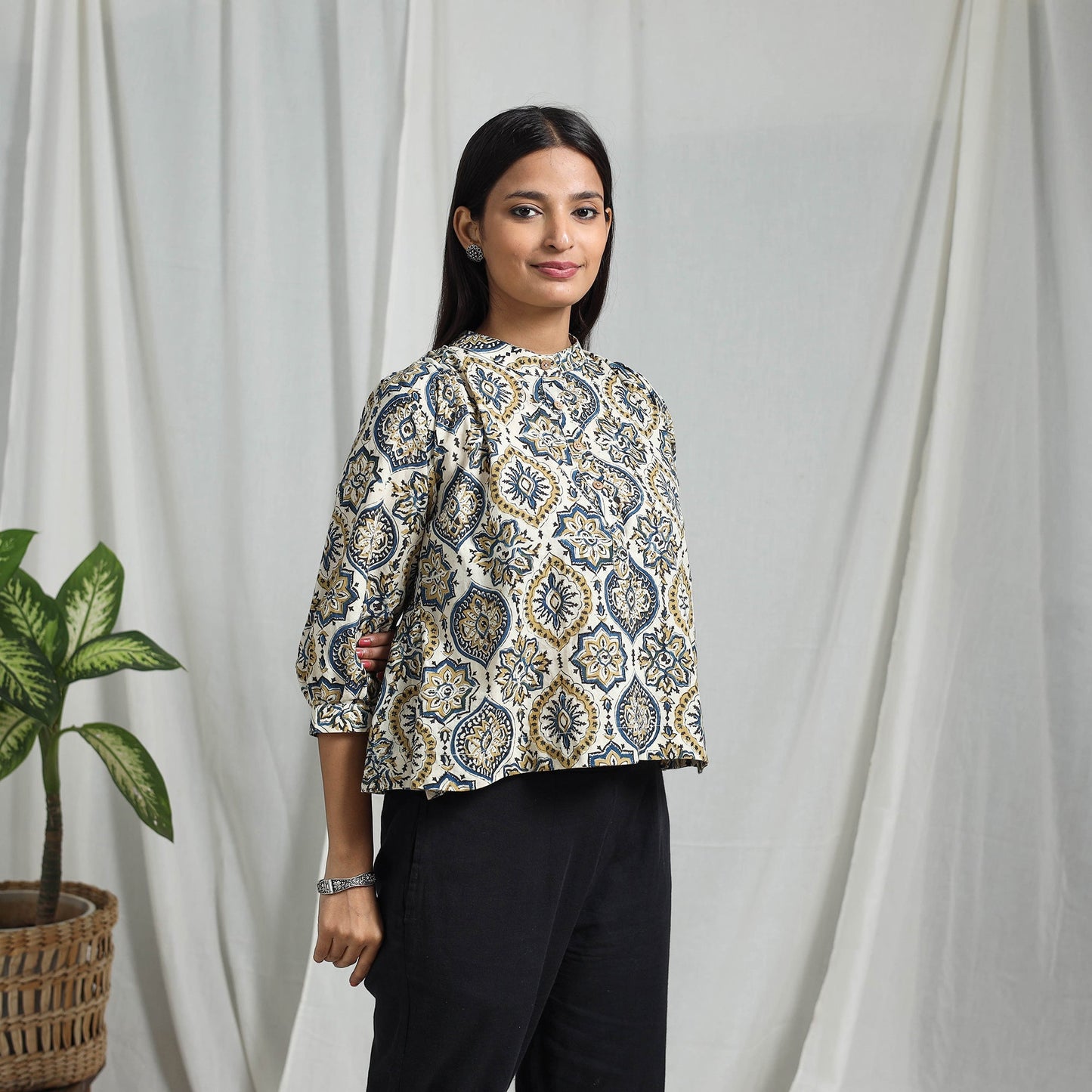 White Block Print Cotton Natural Dyed Ajrakh Crop Top
