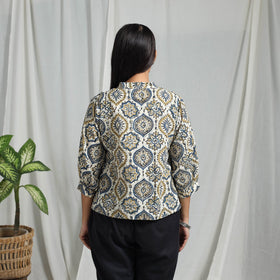 White Block Print Cotton Natural Dyed Ajrakh Crop Top