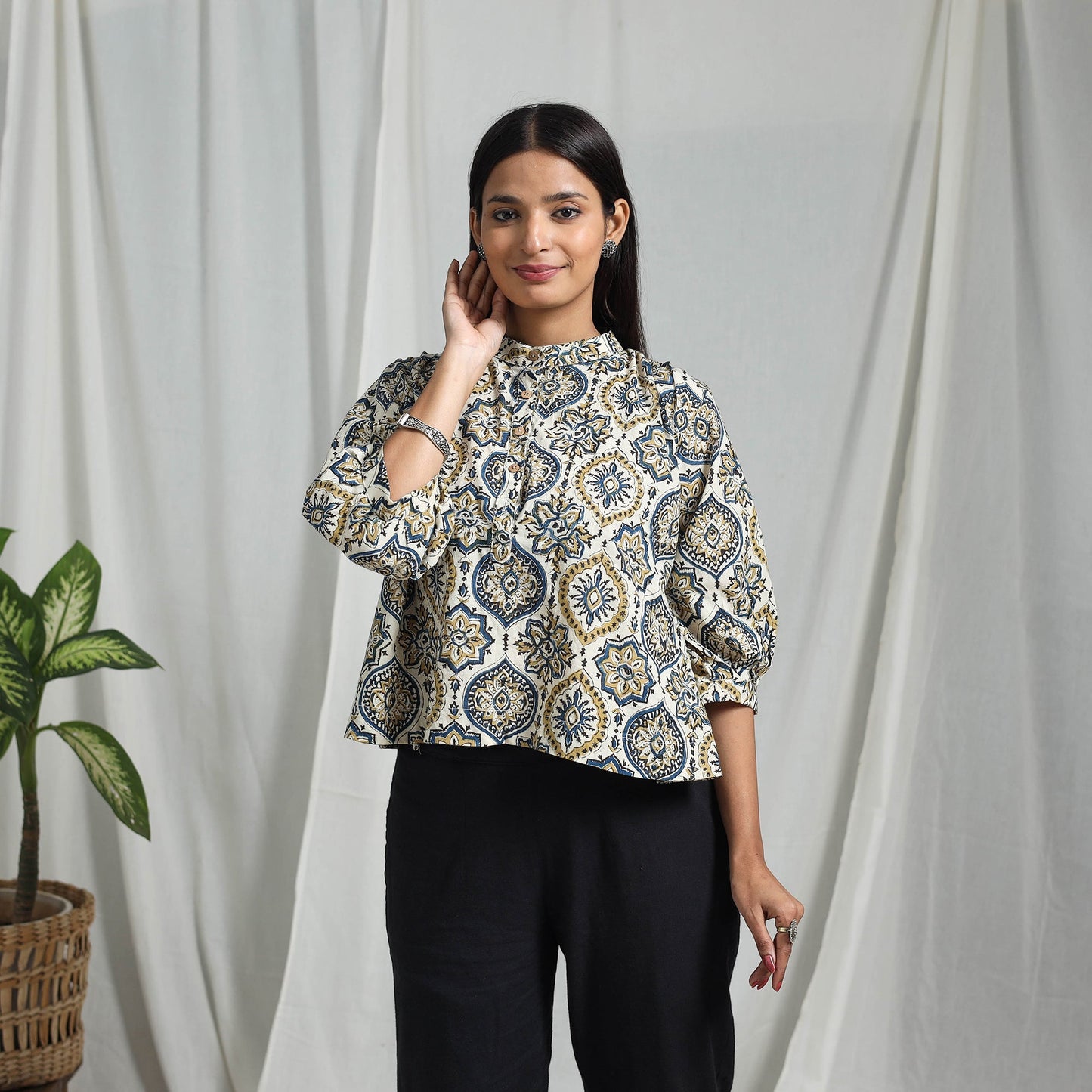 White Block Print Cotton Natural Dyed Ajrakh Crop Top