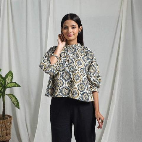 White Block Print Cotton Natural Dyed Ajrakh Crop Top