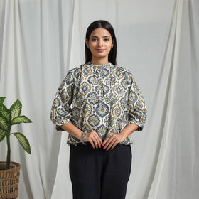 White Block Print Cotton Natural Dyed Ajrakh Crop Top