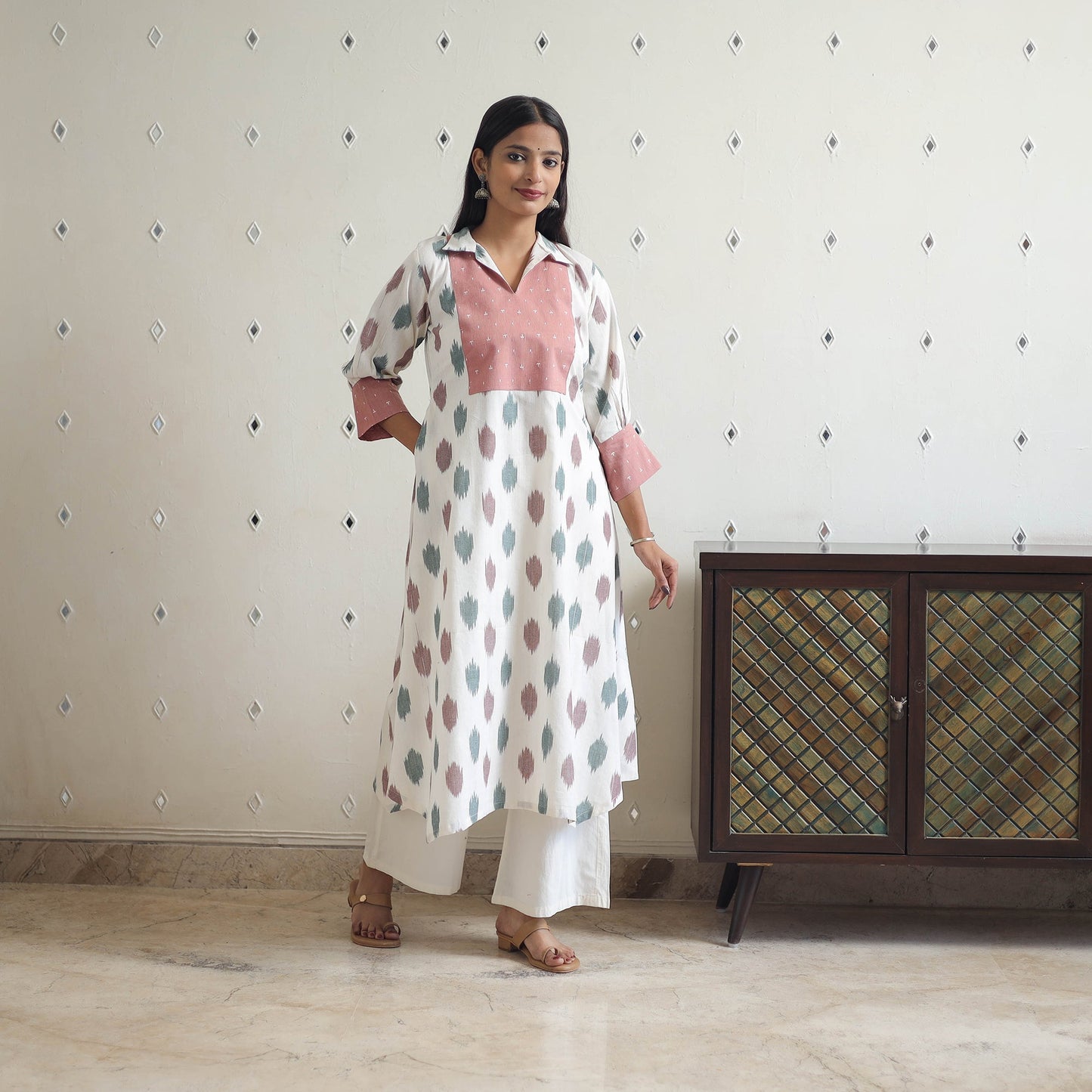White Cotton Pochampally Ikat Kurta for Women